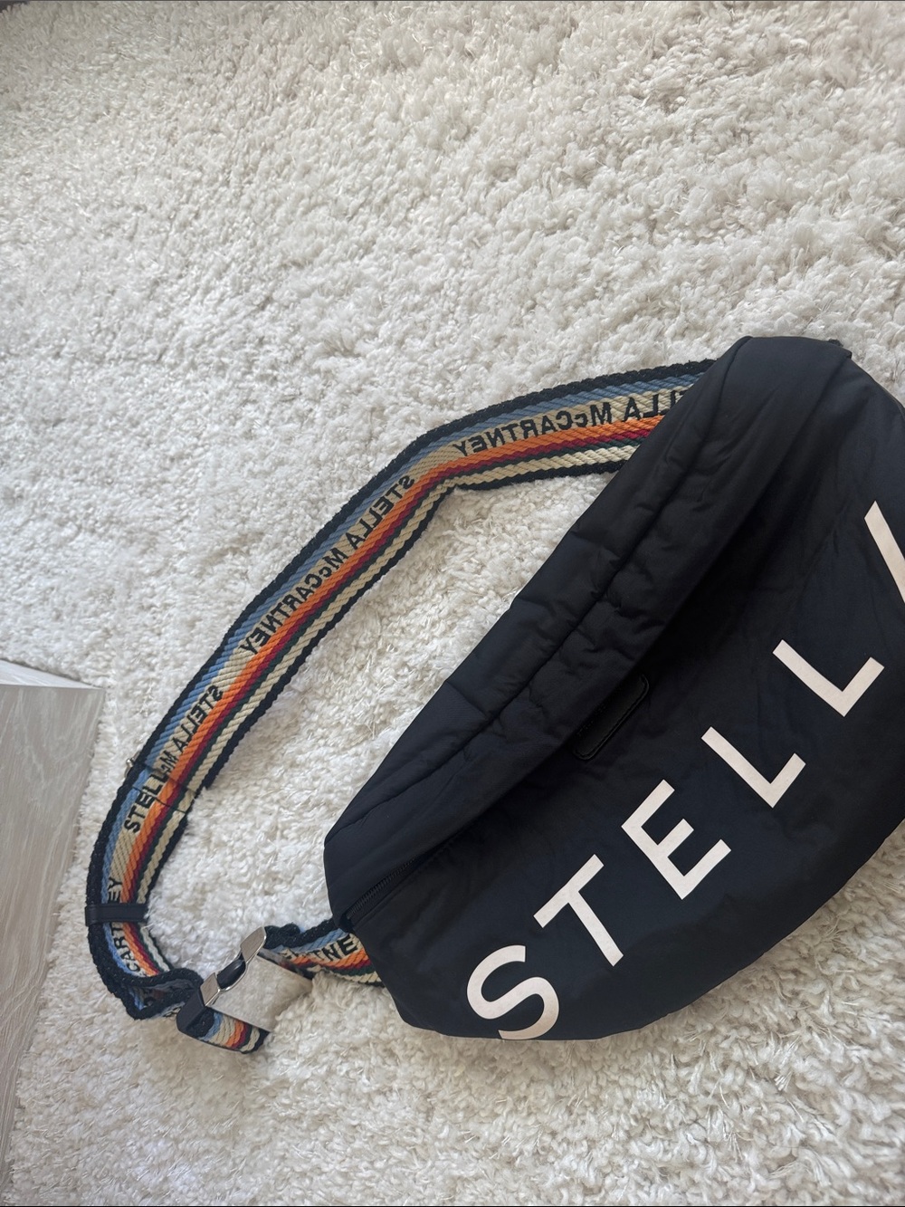 Stella McCartney Black Quilted Logo Crossbody Belt Bag with Multicolor Web Strap